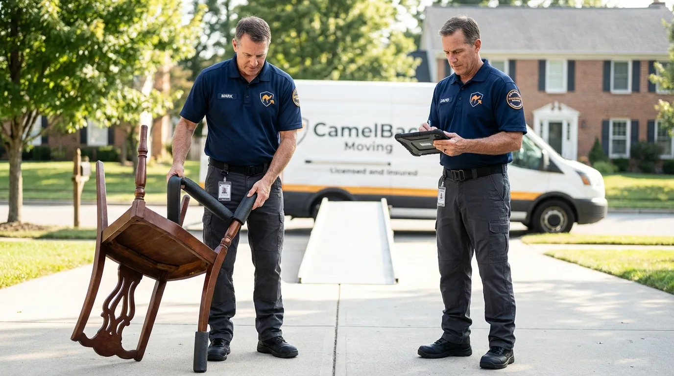 Movers inspecting furniture for damage prevention before loading in Beachwood, NJ