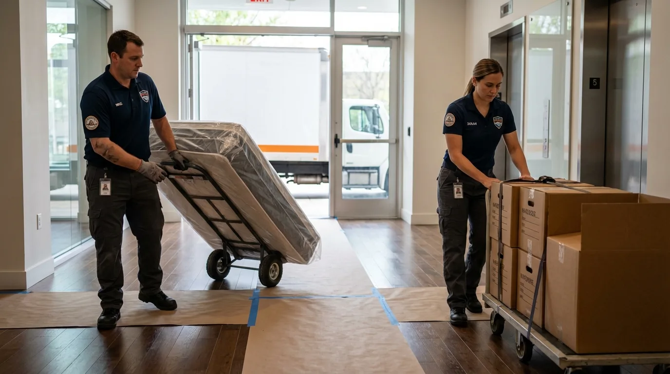 Professional apartment movers loading elevator in Beachwood, NJ